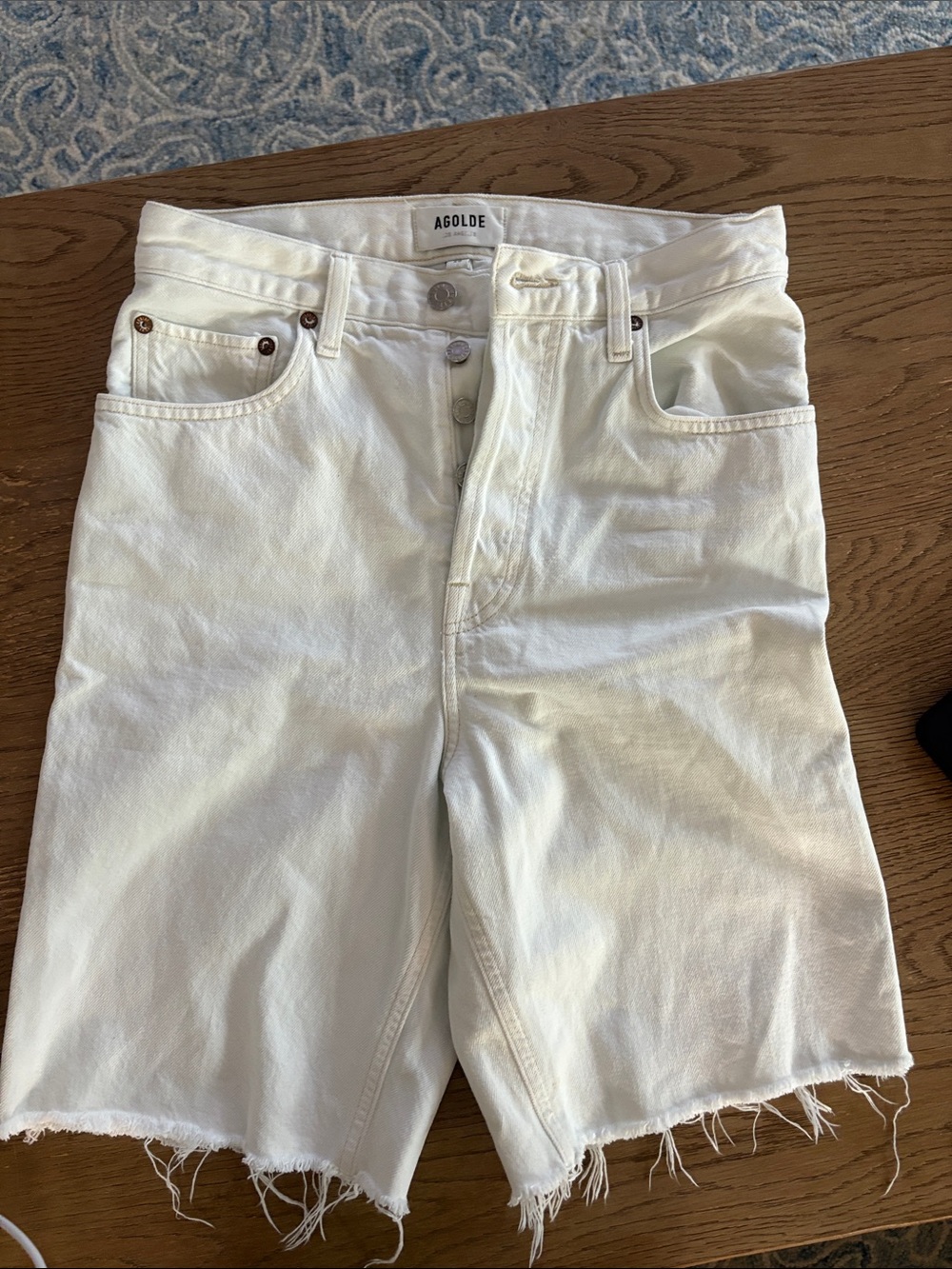 Agolde Off-White Frayed Hem Denim Bermudas